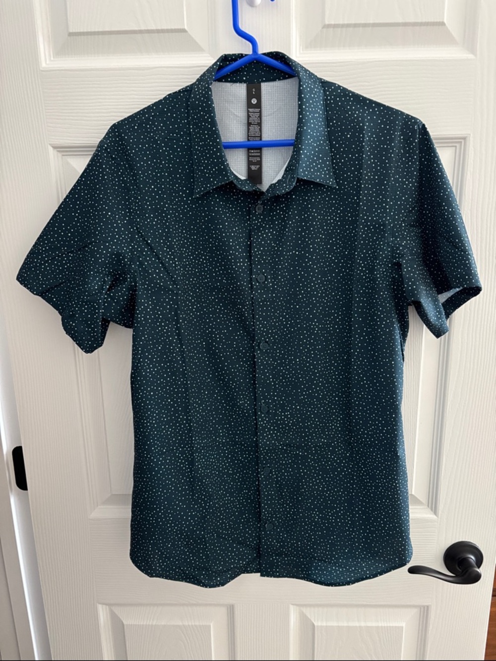 lululemon athletica Short-Sleeve Button-Down in Deep Teal with White Micro Dots